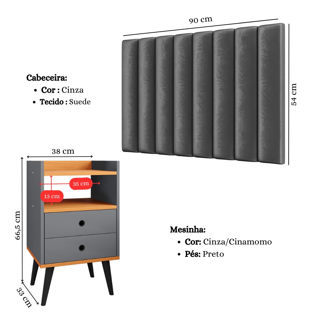Kit Cabeceira Estofada Cama Box Solteiro 90 cm Sophia e Mesinha Canto Quarto 2 Gavetas Retrô Nicho Decorativo Dream -Cinza/Cinamomo- RPM