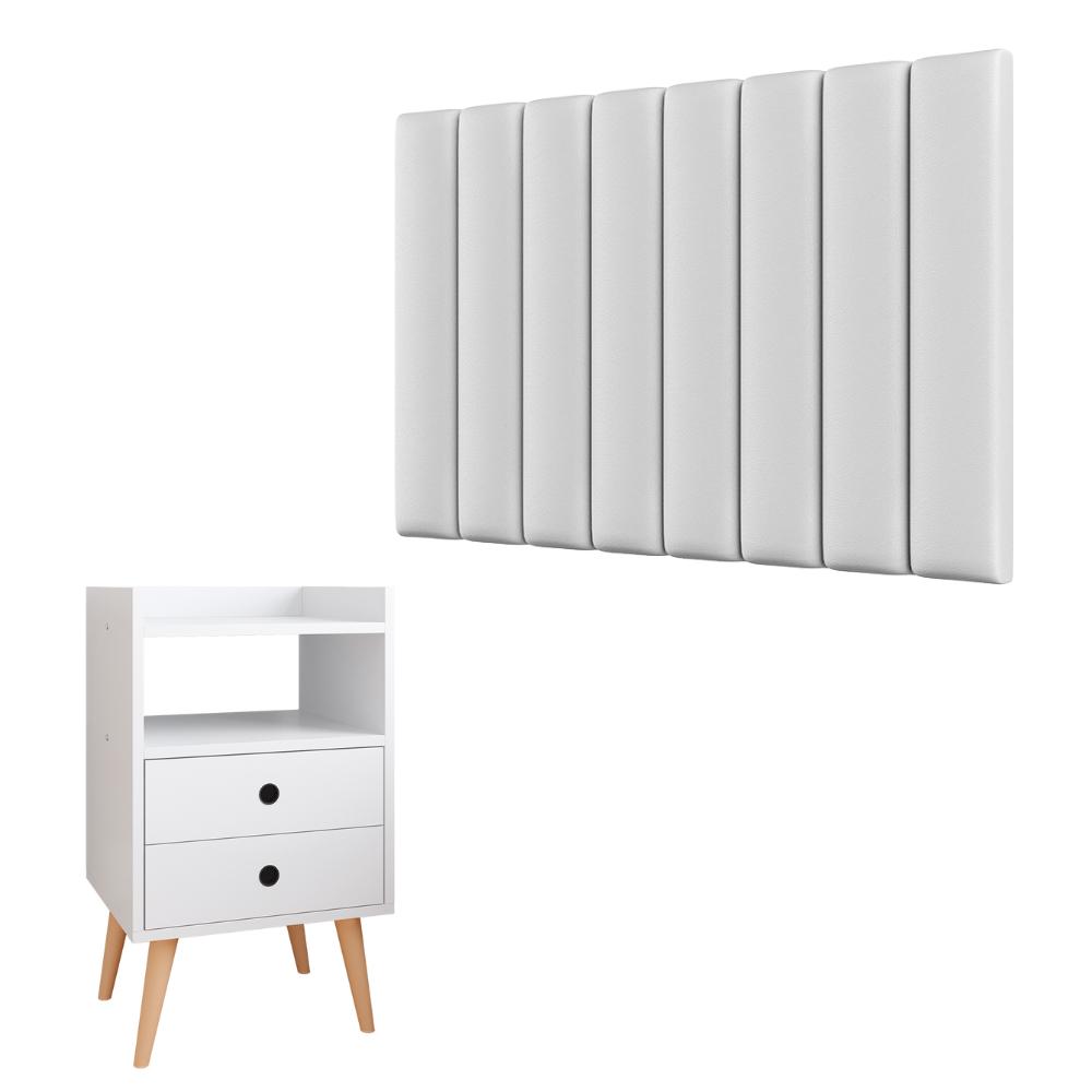 Kit Cabeceira Estofada Cama Box Solteiro 90 cm Sophia e Mesinha Canto Quarto 2 Gavetas Retrô Nicho Decorativo Dream Branco- RPM 
