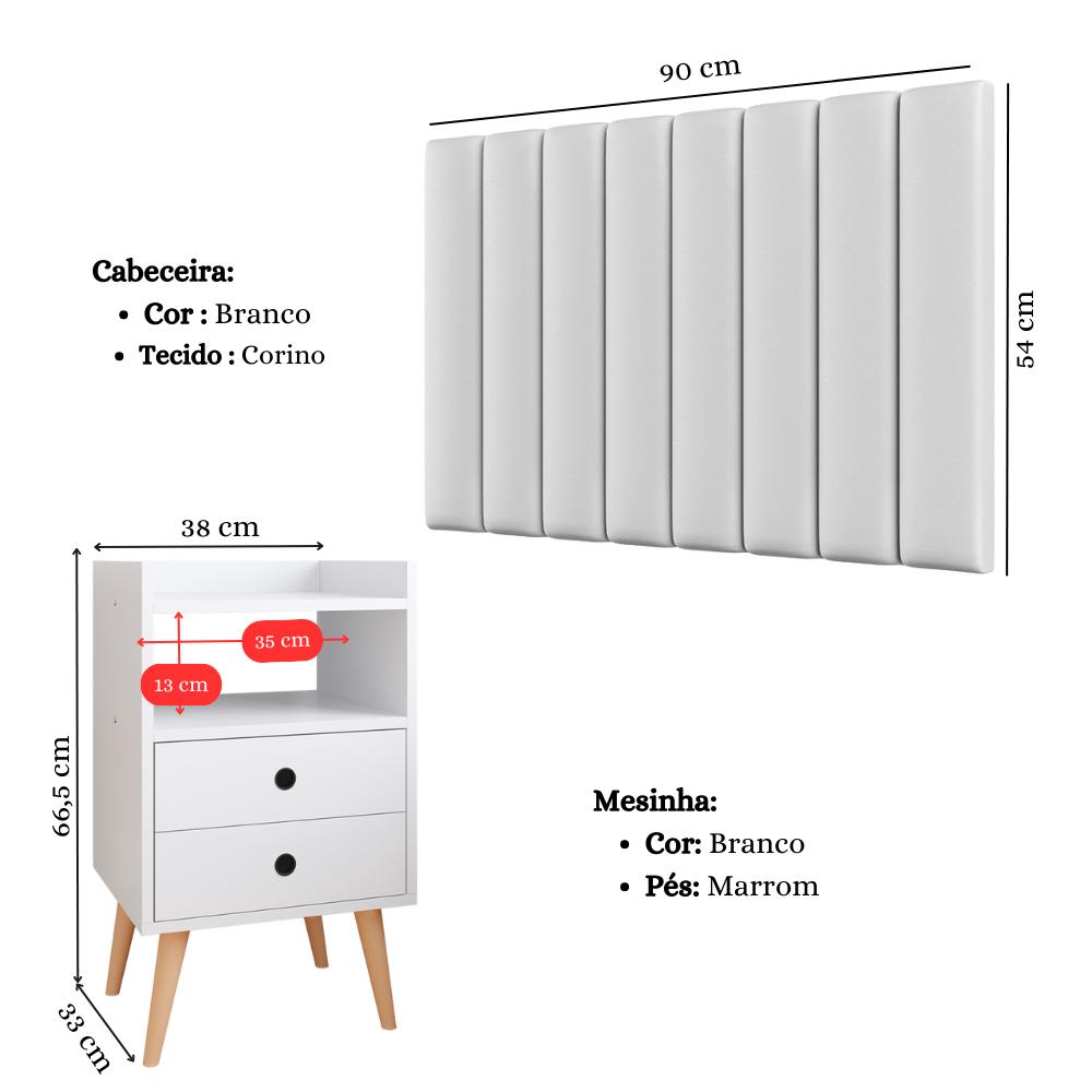 Kit Cabeceira Estofada Cama Box Solteiro 90 cm Sophia e Mesinha Canto Quarto 2 Gavetas Retrô Nicho Decorativo Dream Branco- RPM 