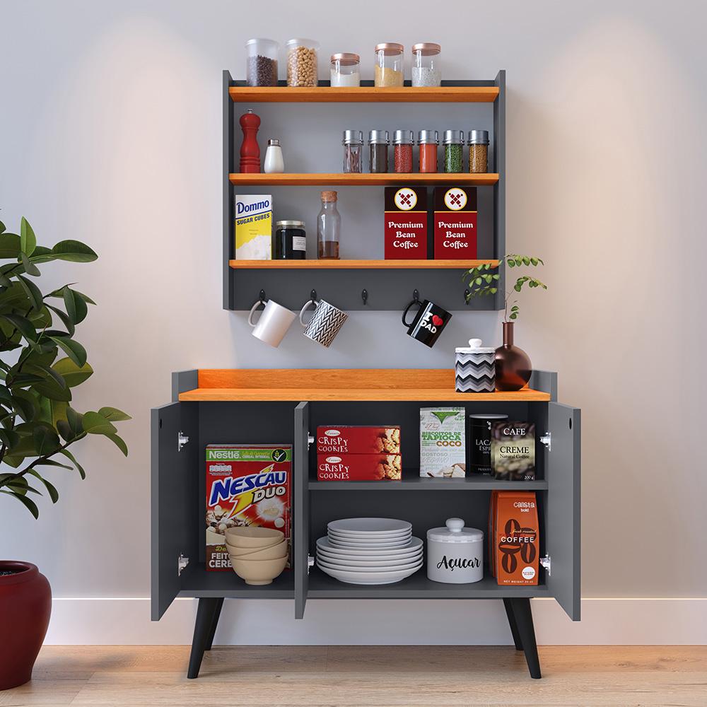 Kit Casa Completa Aparador Buffet 3 Portas Pés Palito Wood New Armário Suspenso Prateleiras Ganchos Organizadores Amélia - Cinza/Cinamomo - RPM Móveis
