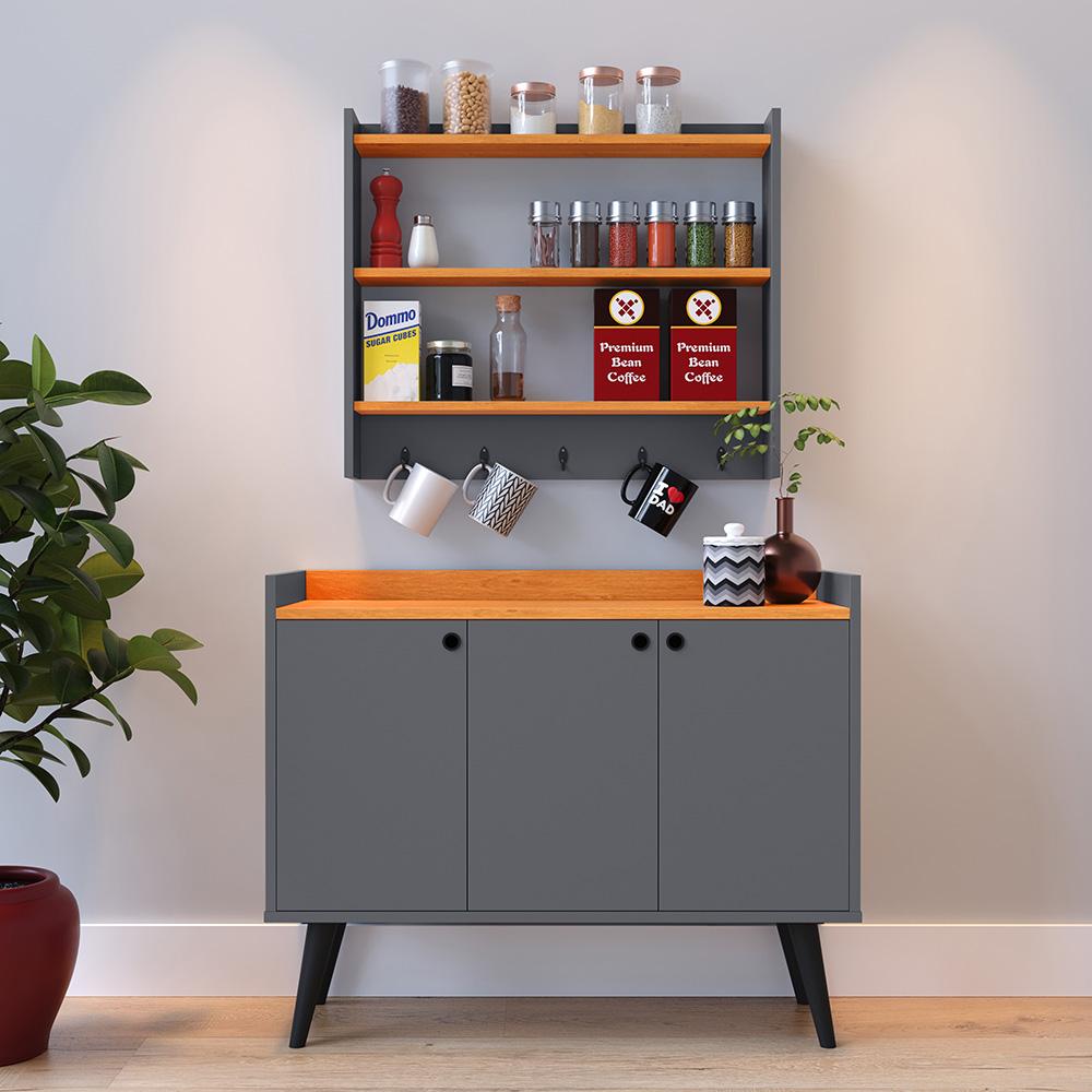 Kit Casa Completa Aparador Buffet 3 Portas Pés Palito Wood New Armário Suspenso Prateleiras Ganchos Organizadores Amélia - Cinza/Cinamomo - RPM Móveis