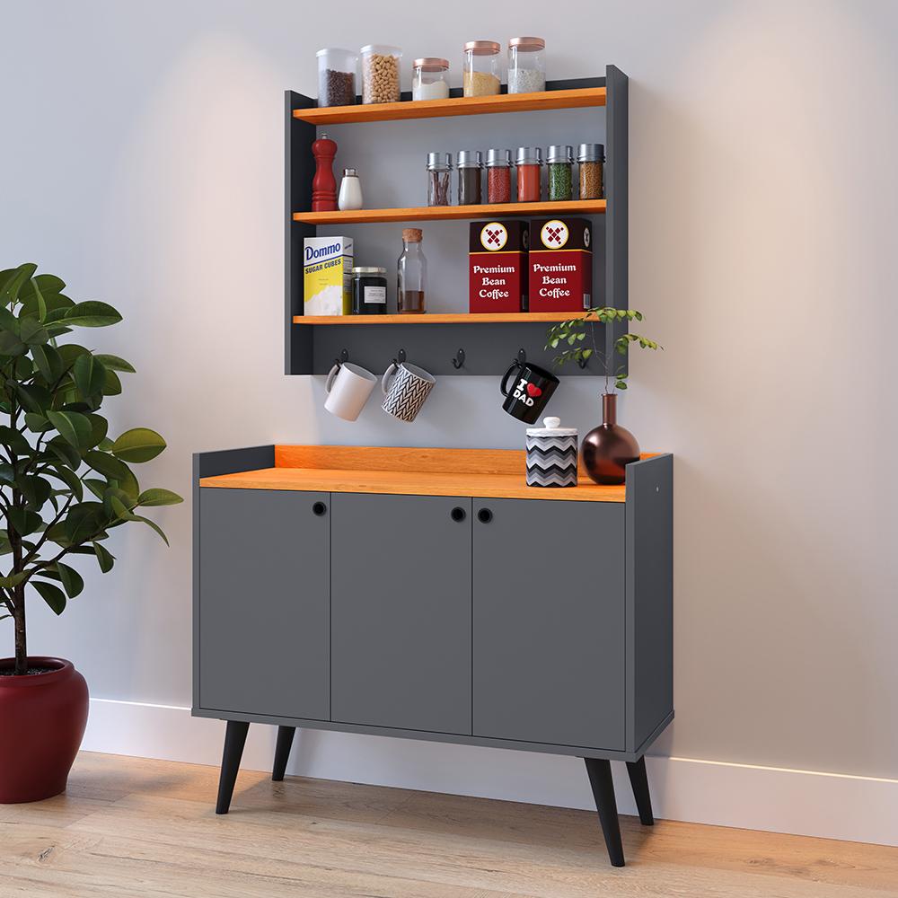 Kit Casa Completa Aparador Buffet 3 Portas Pés Palito Wood New Armário Suspenso Prateleiras Ganchos Organizadores Amélia - Cinza/Cinamomo - RPM Móveis