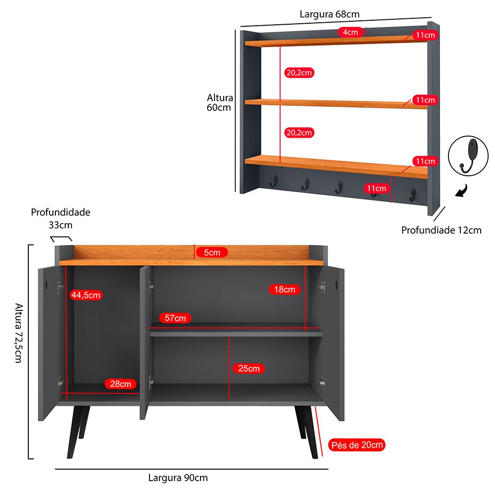 Kit Casa Completa Aparador Buffet 3 Portas Pés Palito Wood New Armário Suspenso Prateleiras Ganchos Organizadores Amélia - Cinza/Cinamomo - RPM Móveis