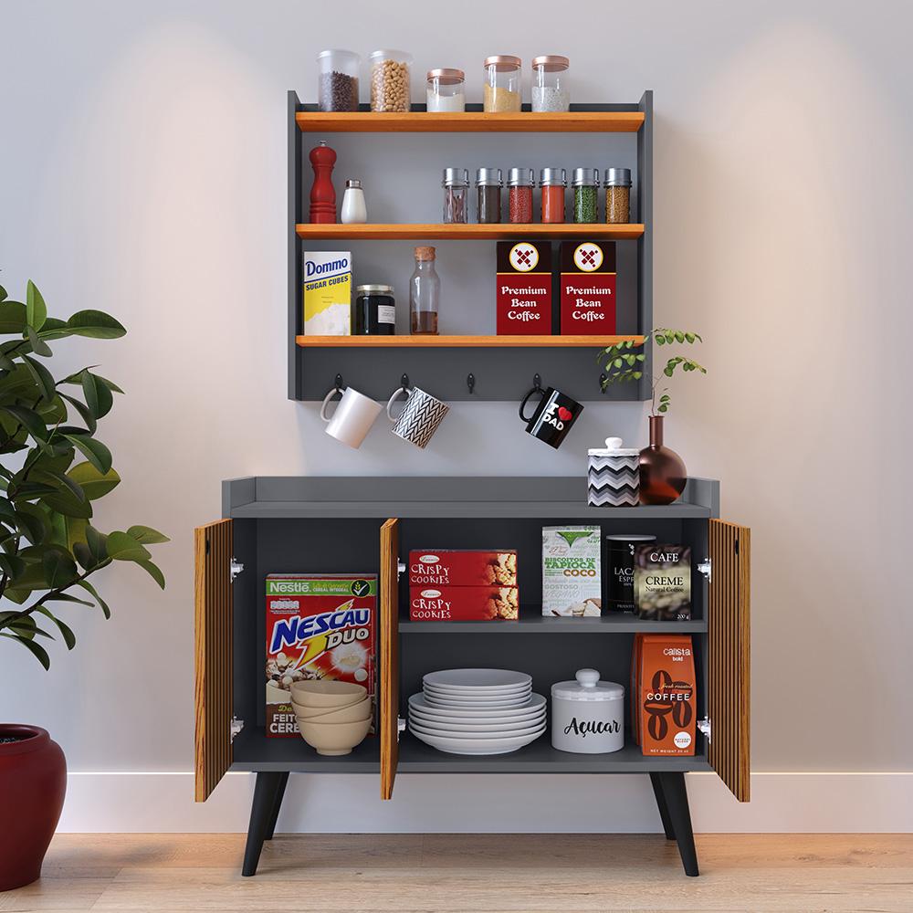 Kit Casa Completa Aparador Buffet 3 Portas Pés Palito Wood New Armário Suspenso Prateleiras Ganchos Organizadores Amélia - Cinza/Cinamomo - RPM Móveis