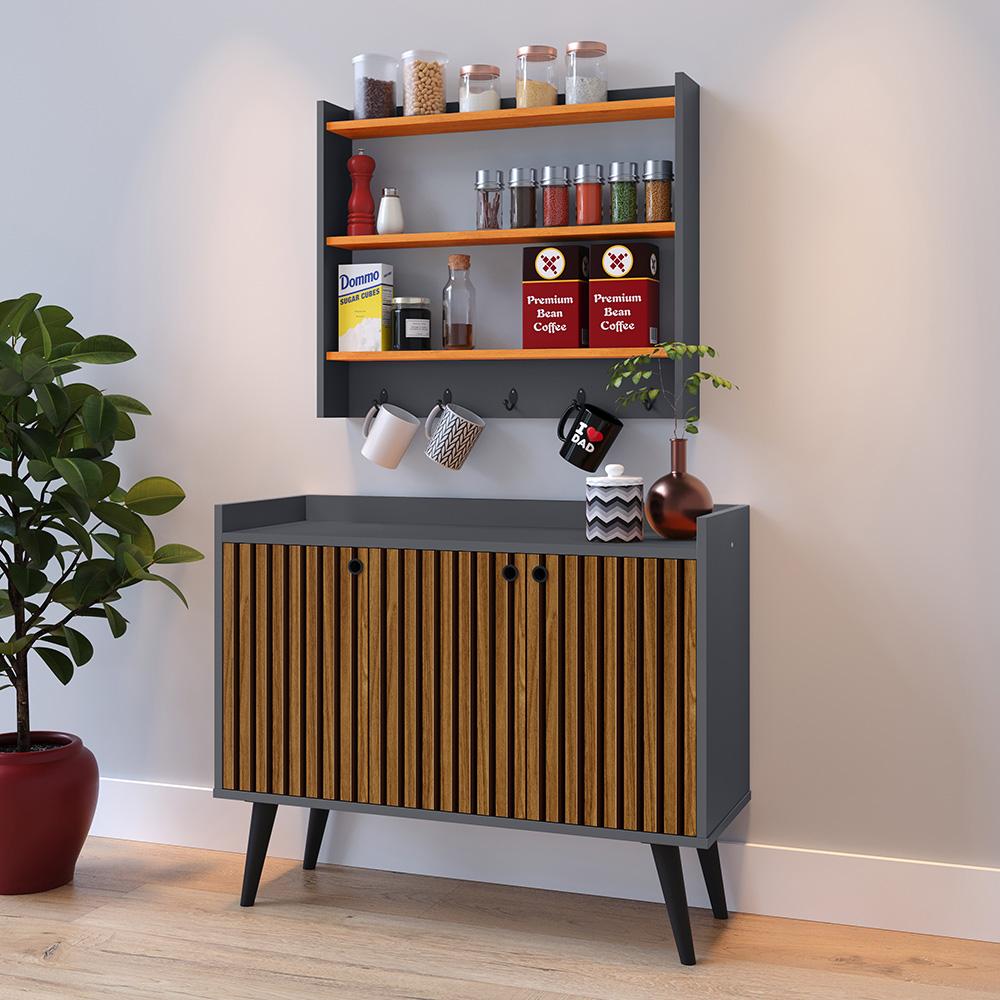 Kit Casa Completa Aparador Buffet 3 Portas Pés Palito Wood New Armário Suspenso Prateleiras Ganchos Organizadores Amélia - Cinza/Cinamomo - RPM Móveis