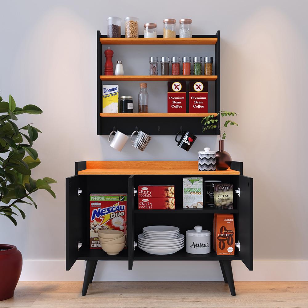 Kit Casa Completa Aparador Buffet 3 Portas Pés Palito Wood New Armário Suspenso Prateleiras Ganchos Organizadores Amélia - Preto/Cinamomo - RPM Móveis