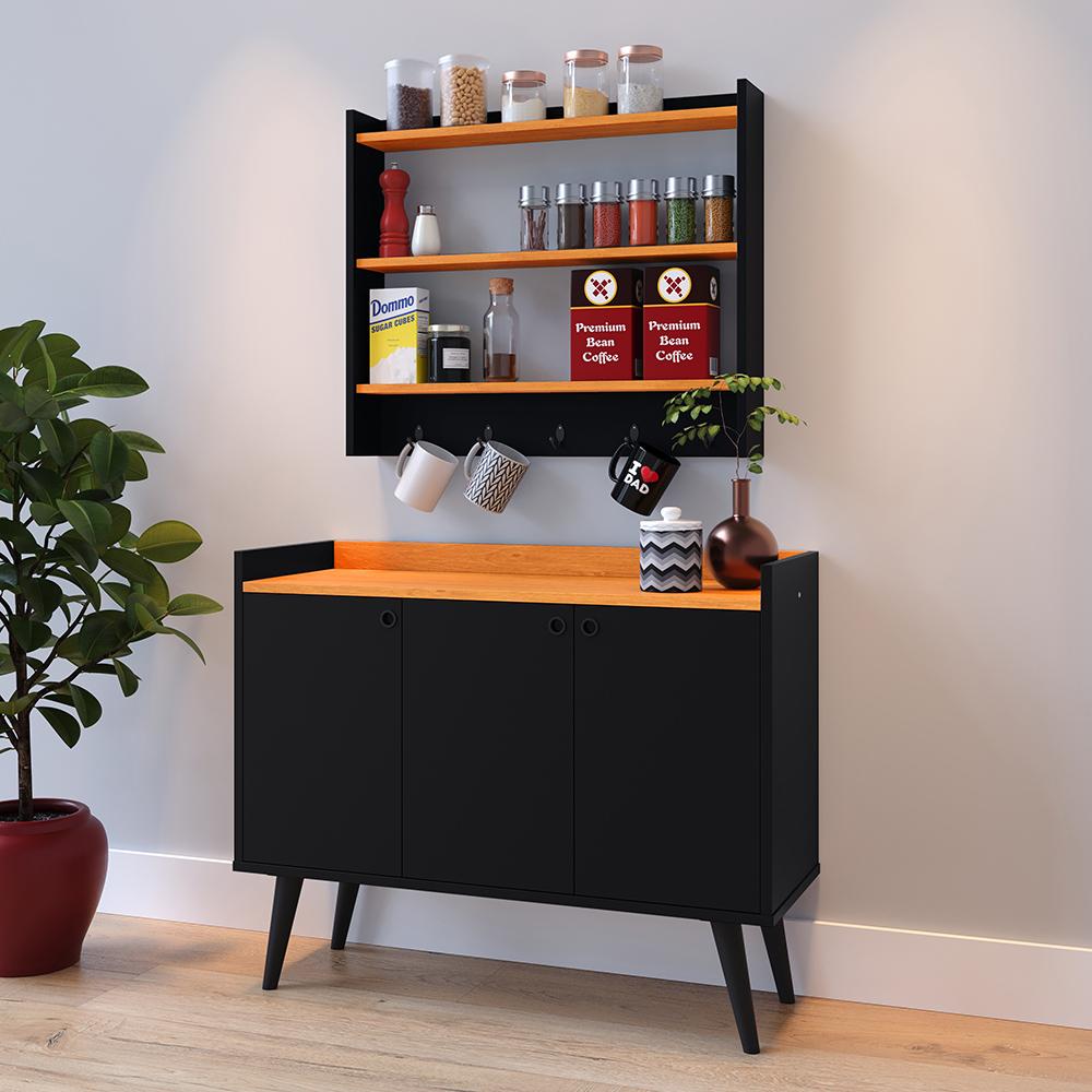Kit Casa Completa Aparador Buffet 3 Portas Pés Palito Wood New Armário Suspenso Prateleiras Ganchos Organizadores Amélia - Preto/Cinamomo - RPM Móveis