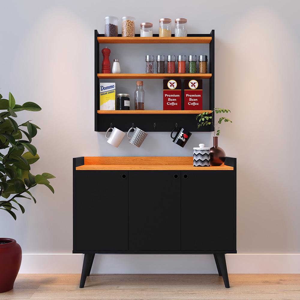 Kit Casa Completa Aparador Buffet 3 Portas Pés Palito Wood New Armário Suspenso Prateleiras Ganchos Organizadores Amélia - Preto/Cinamomo - RPM Móveis