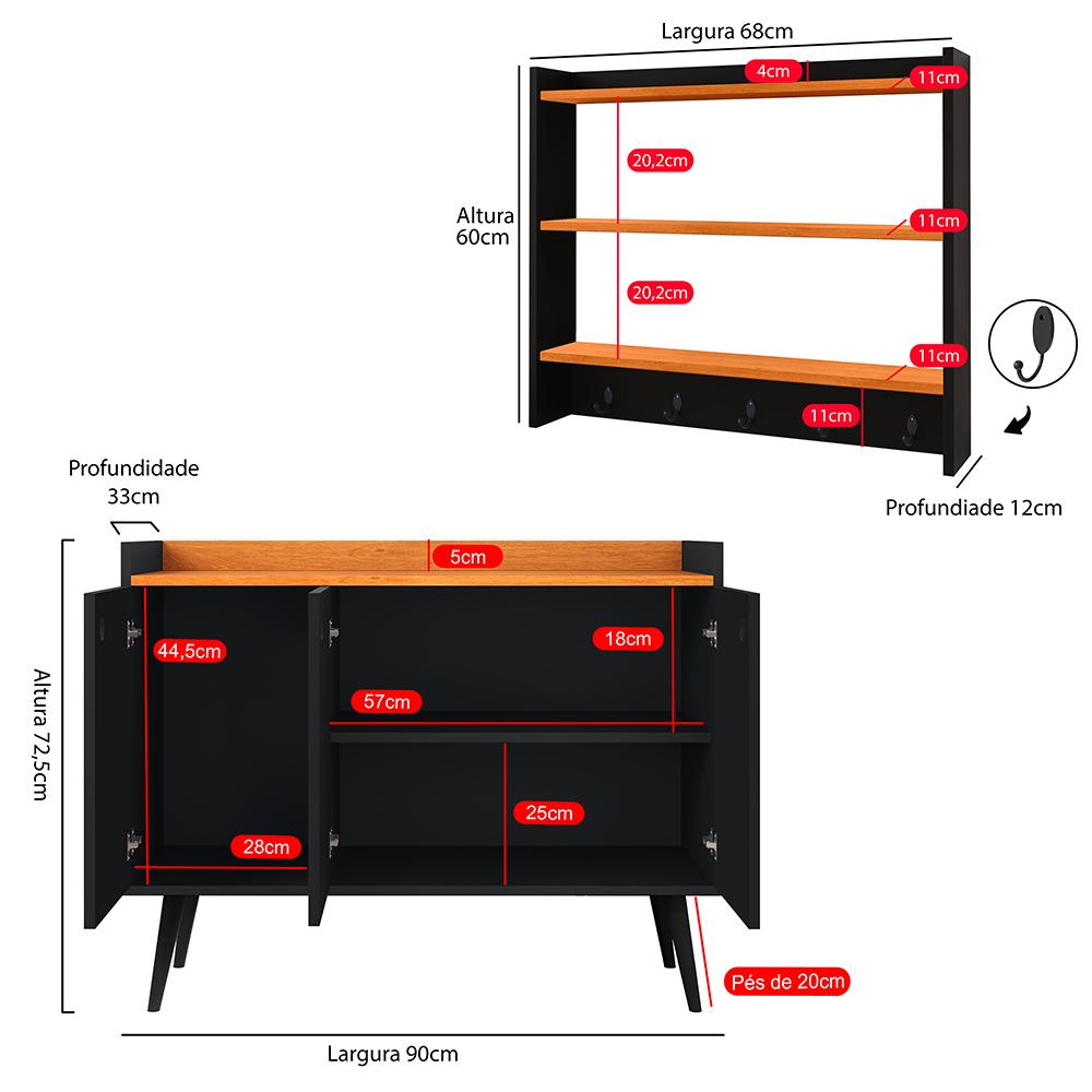 Kit Casa Completa Aparador Buffet 3 Portas Pés Palito Wood New Armário Suspenso Prateleiras Ganchos Organizadores Amélia - Preto/Cinamomo - RPM Móveis