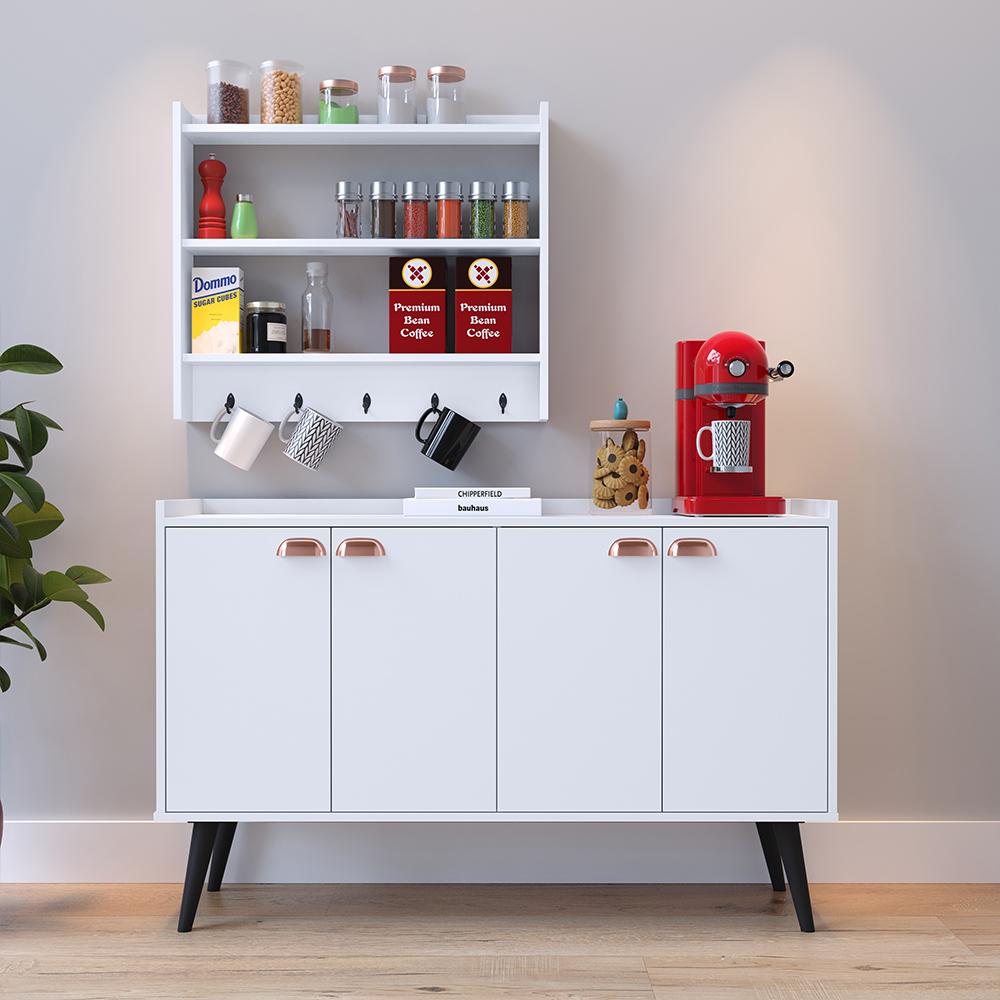 Kit Cozinha Sala Jantar Aparador Buffet Kiev Pés Palito Armário Parede Amélia Suspenso Prateleiras Organizadoras - Branco - RPM Móveis