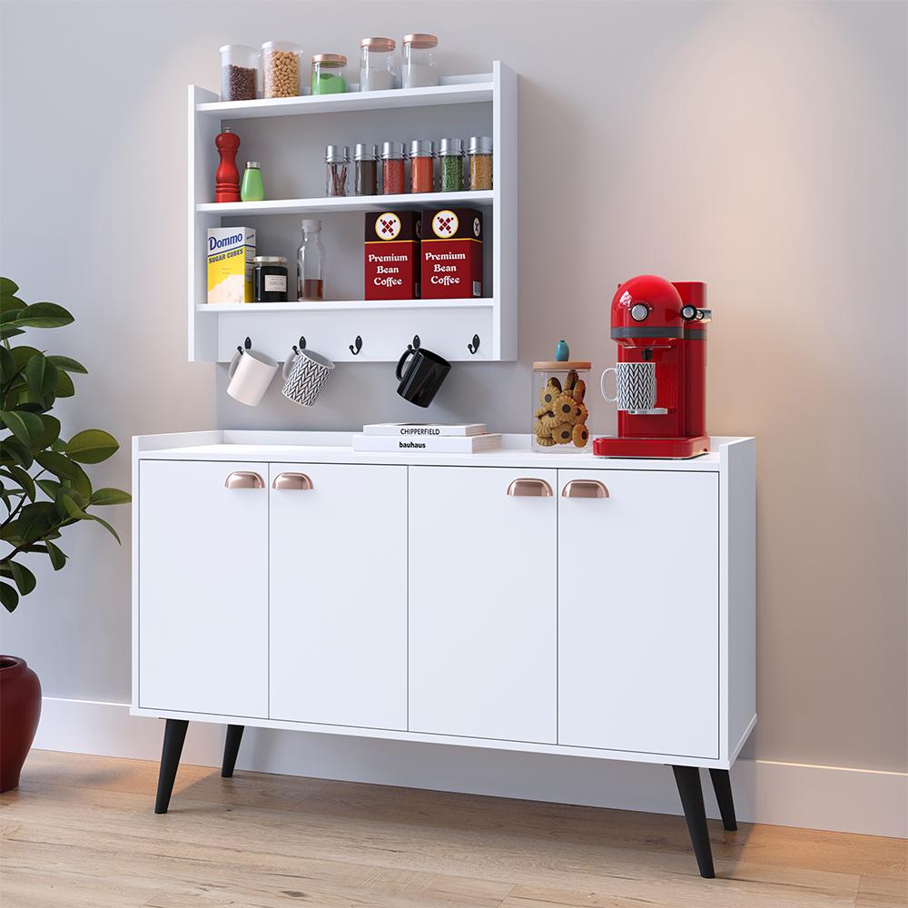 Kit Cozinha Sala Jantar Aparador Buffet Kiev Pés Palito Armário Parede Amélia Suspenso Prateleiras Organizadoras - Branco - RPM Móveis