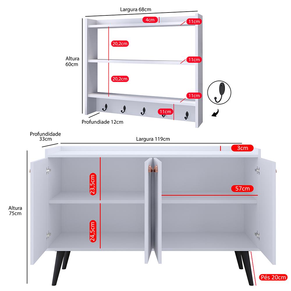 Kit Cozinha Sala Jantar Aparador Buffet Kiev Pés Palito Armário Parede Amélia Suspenso Prateleiras Organizadoras - Branco - RPM Móveis