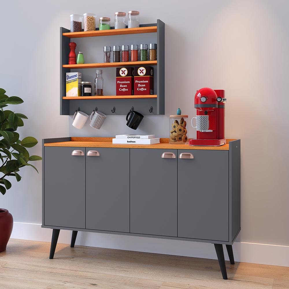 Kit Cozinha Sala Jantar Aparador Buffet Kiev Pés Palito Armário Parede Amélia Suspenso Prateleiras Organizadoras - Cinza/Cinamomo - RPM Móveis