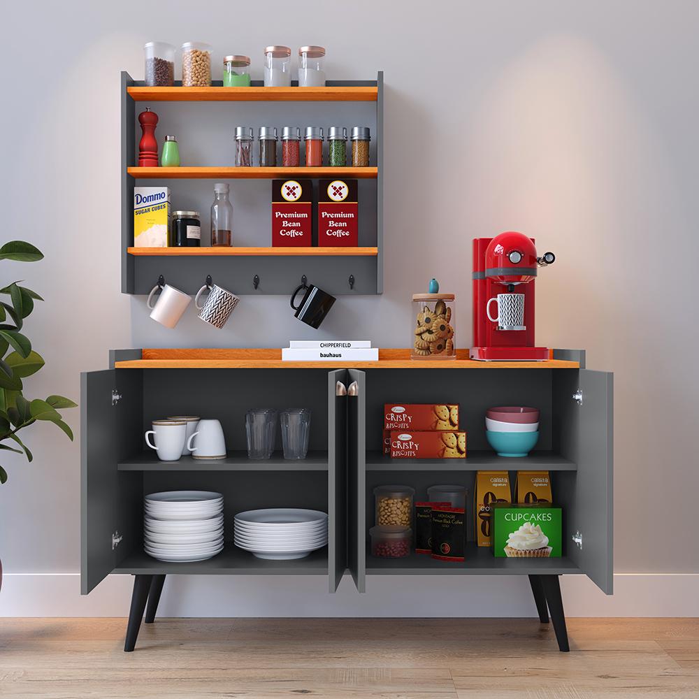 Kit Cozinha Sala Jantar Aparador Buffet Kiev Pés Palito Armário Parede Amélia Suspenso Prateleiras Organizadoras - Cinza/Cinamomo - RPM Móveis