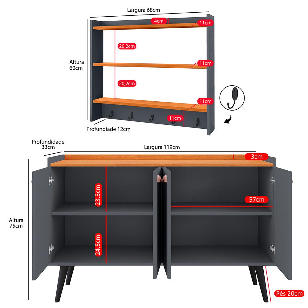 Kit Cozinha Sala Jantar Aparador Buffet Kiev Pés Palito Armário Parede Amélia Suspenso Prateleiras Organizadoras - Cinza/Cinamomo - RPM Móveis