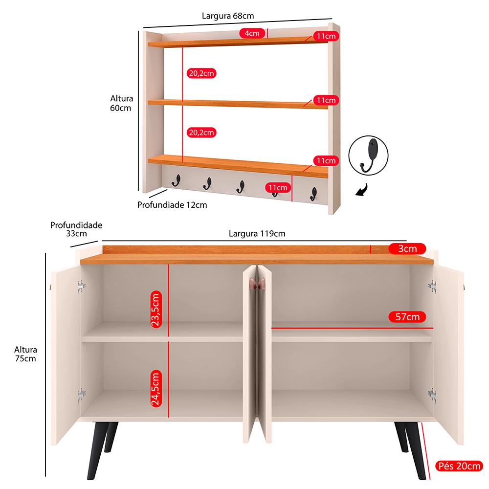 Kit Cozinha Sala Jantar Aparador Buffet Kiev Pés Palito Armário Parede Amélia Suspenso Prateleiras Organizadoras - Off White/Cinamomo - RPM Móveis