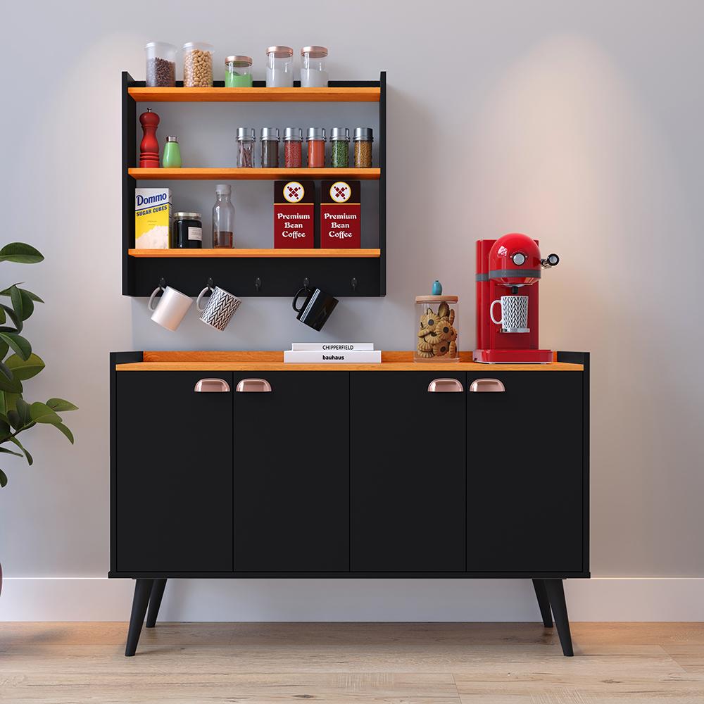 Kit Cozinha Sala Jantar Aparador Buffet Kiev Pés Palito Armário Parede Amélia Suspenso Prateleiras Organizadoras - Preto/Cinamomo - RPM Móveis