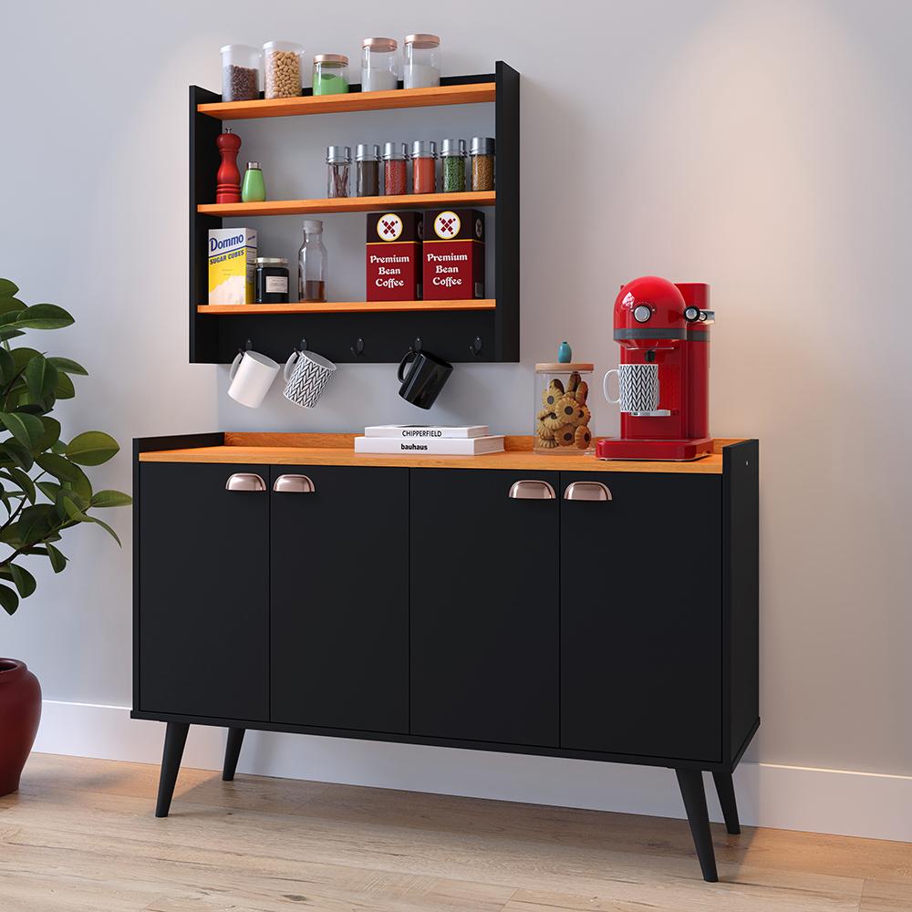 Kit Cozinha Sala Jantar Aparador Buffet Kiev Pés Palito Armário Parede Amélia Suspenso Prateleiras Organizadoras - Preto/Cinamomo - RPM Móveis
