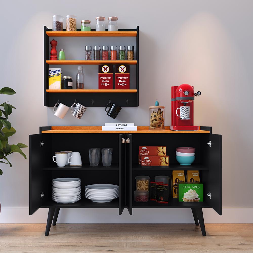 Kit Cozinha Sala Jantar Aparador Buffet Kiev Pés Palito Armário Parede Amélia Suspenso Prateleiras Organizadoras - Preto/Cinamomo - RPM Móveis