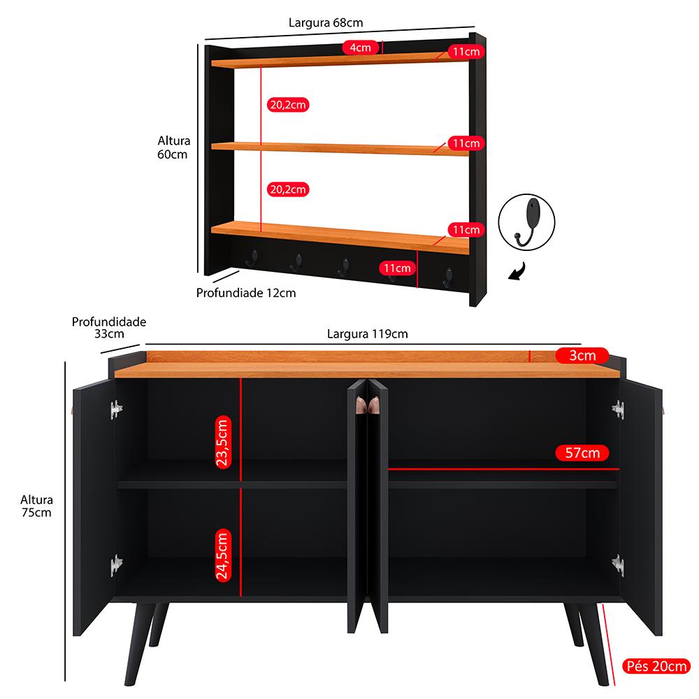 Kit Cozinha Sala Jantar Aparador Buffet Kiev Pés Palito Armário Parede Amélia Suspenso Prateleiras Organizadoras - Preto/Cinamomo - RPM Móveis