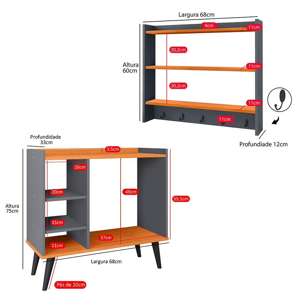 Kit Decorativo Aparador Buffet Maria Pés Palito Armário Suspenso Amélia Prateleiras Organizadoras - Cinza/Cinamomo - RPM Móveis