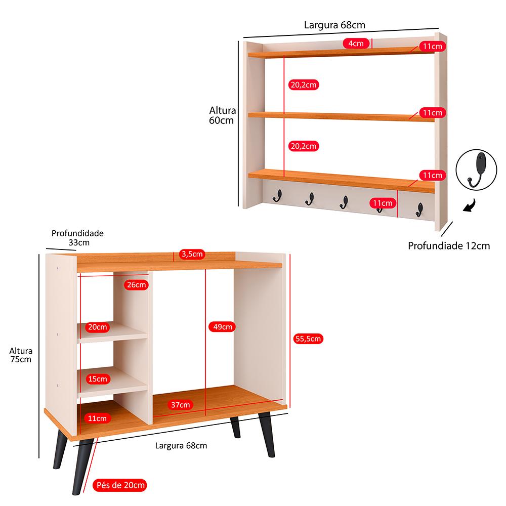 Kit Decorativo Aparador Buffet Maria Pés Palito Armário Suspenso Amélia Prateleiras Organizadoras - Off White/Cinamomo - RPM Móveis