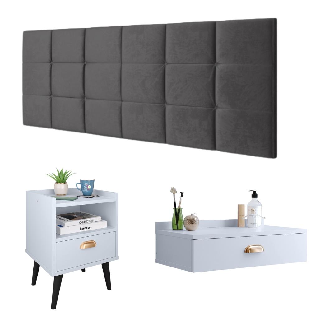 Kit Decorativo Quarto Casal Penteadeira Suspensa Gloss Mesinha Lateral Estilo Branco Cabeceira Cama Box Queen Bia 1.60 Cinza Suede - RPM Móveis