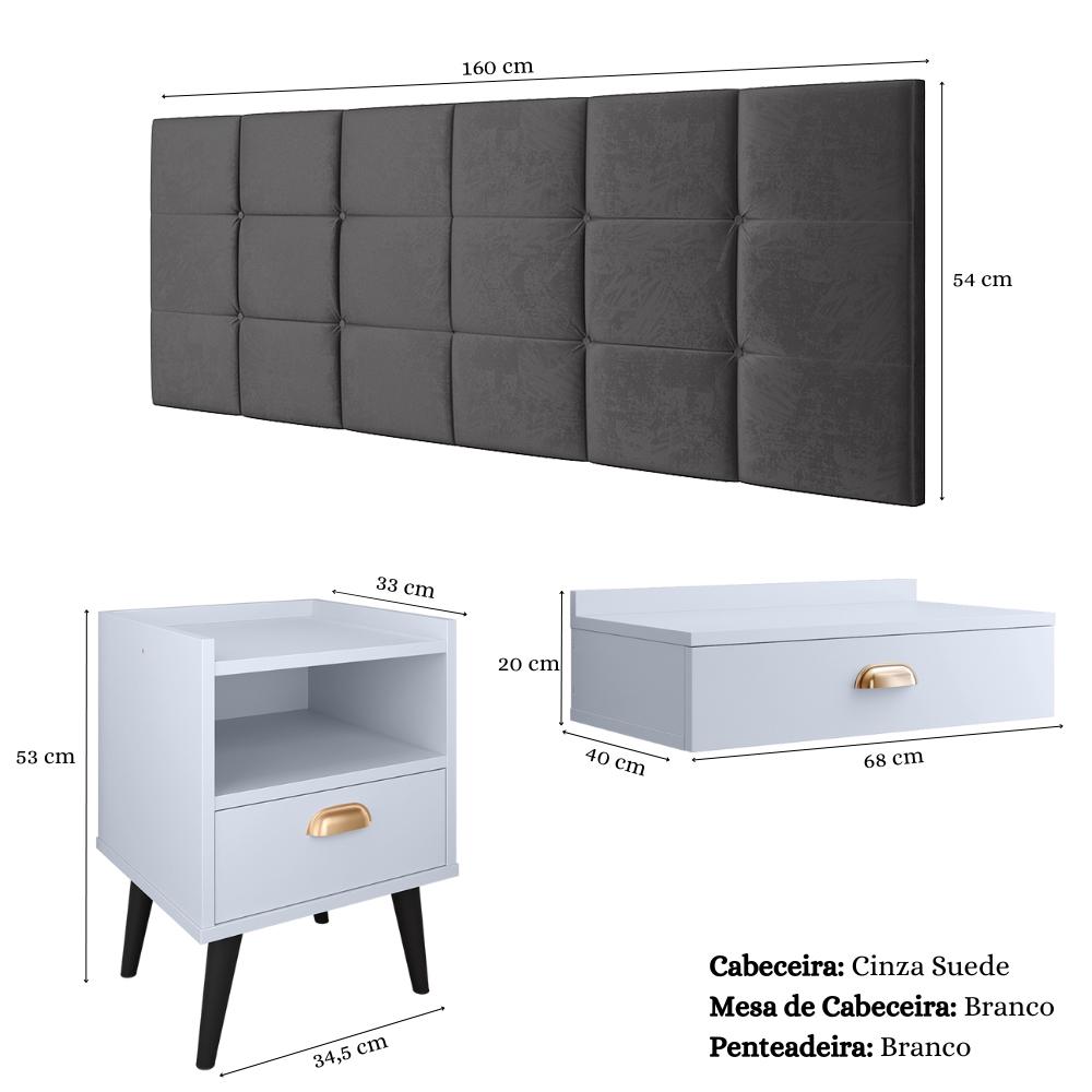 Kit Decorativo Quarto Casal Penteadeira Suspensa Gloss Mesinha Lateral Estilo Branco Cabeceira Cama Box Queen Bia 1.60 Cinza Suede - RPM Móveis
