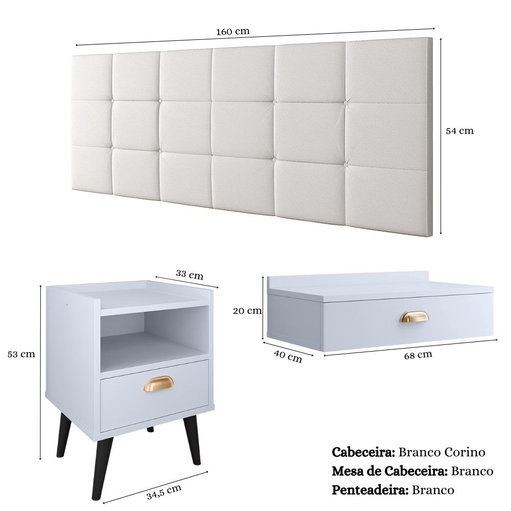 Kit Decorativo Quarto Casal Penteadeira Suspensa Gloss Mesinha Lateral Estilo Cabeceira Cama Box Queen Bia 1.60 Branco Corino - RPM Móveis
