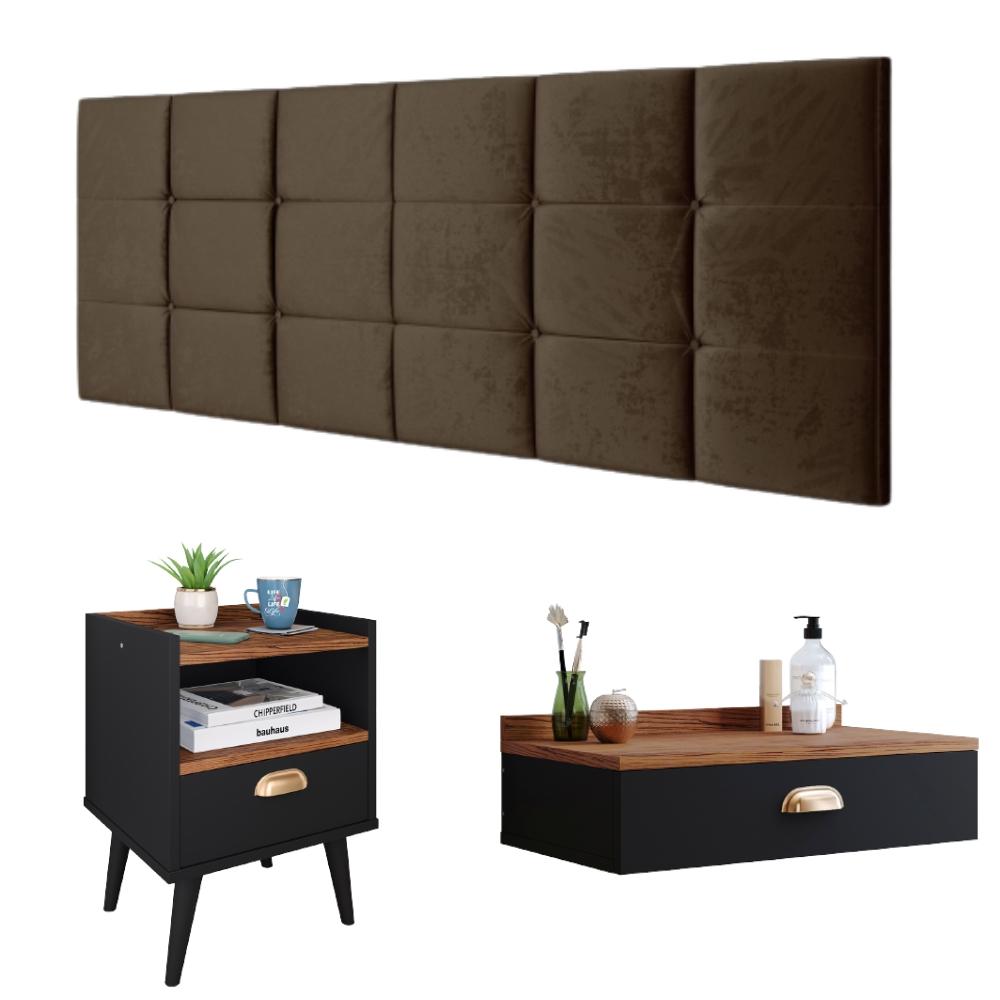Kit Decorativo Quarto Casal Penteadeira Suspensa Gloss Mesinha Lateral Estilo Preto-Freijó Cabeceira Cama Box Queen Bia 1.60 Marrom Suede - RPM Móveis