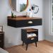 Kit Decorativo Quarto Casal Penteadeira Suspensa Gloss Mesinha Lateral Estilo Preto-Freijó Cabeceira Cama Box Queen Bia 1.60 Marrom Suede - RPM Móveis