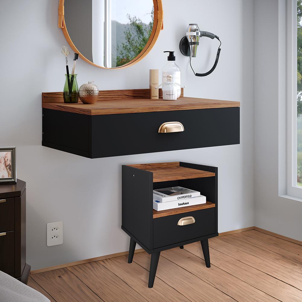 Kit Decorativo Quarto Casal Penteadeira Suspensa Gloss Mesinha Lateral Estilo Preto-Freijó Cabeceira Cama Box Queen Bia 1.60 Marrom Suede - RPM Móveis