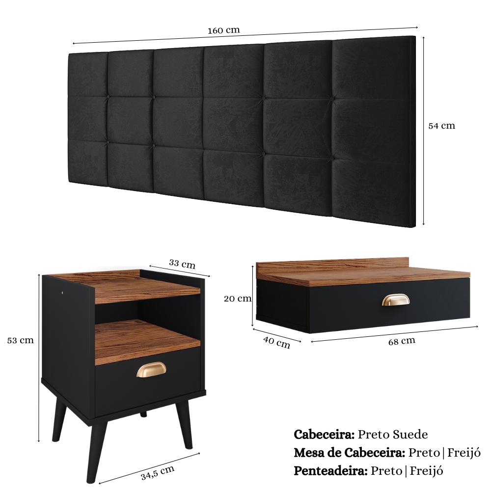 Kit Decorativo Quarto Casal Penteadeira Suspensa Gloss Mesinha Lateral Estilo Preto-Freijó Cabeceira Cama Box Queen Bia 1.60 Preto Suede - RPM Móveis