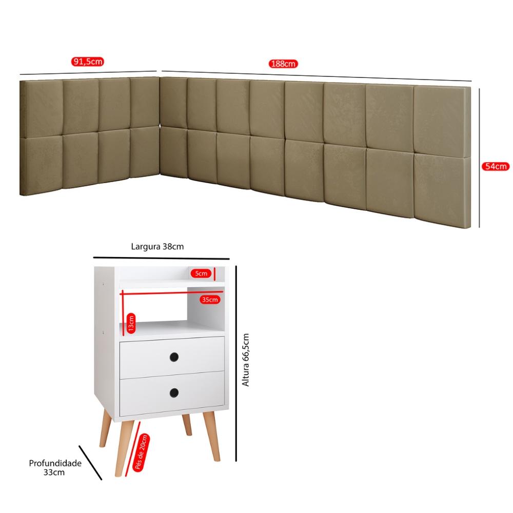 Kit Mesinha Dream Branco Pés Retrô 2 Gavetas E Cabeceira Suspensa Lateral Aurora Bege Cama Box Solteiro - RPM Móveis 