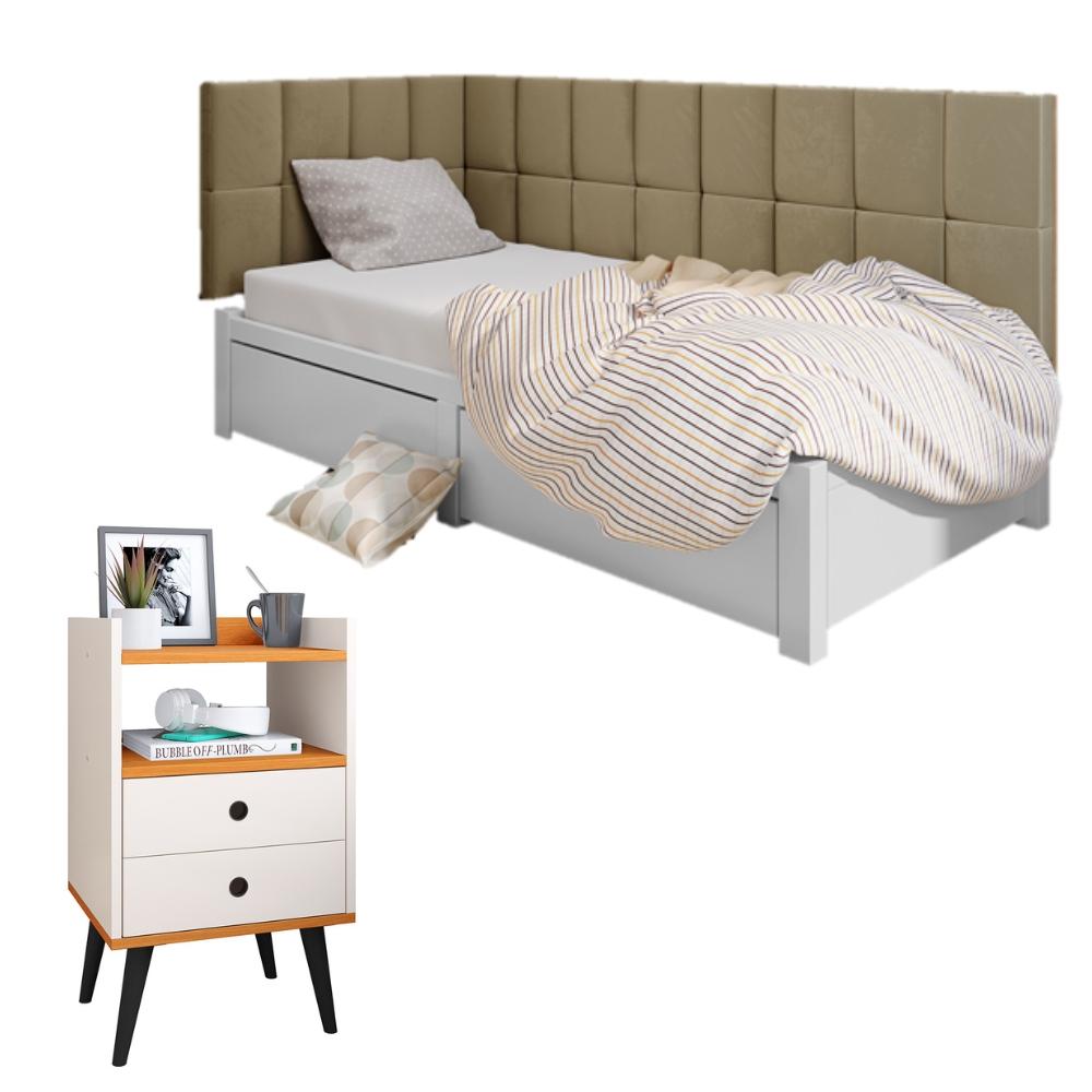 Kit Mesinha Dream Off White/Cinamomo Pés Retrô 2 Gavetas E Cabeceira Suspensa Lateral Aurora Bege Cama Box Solteiro - RPM Móveis 