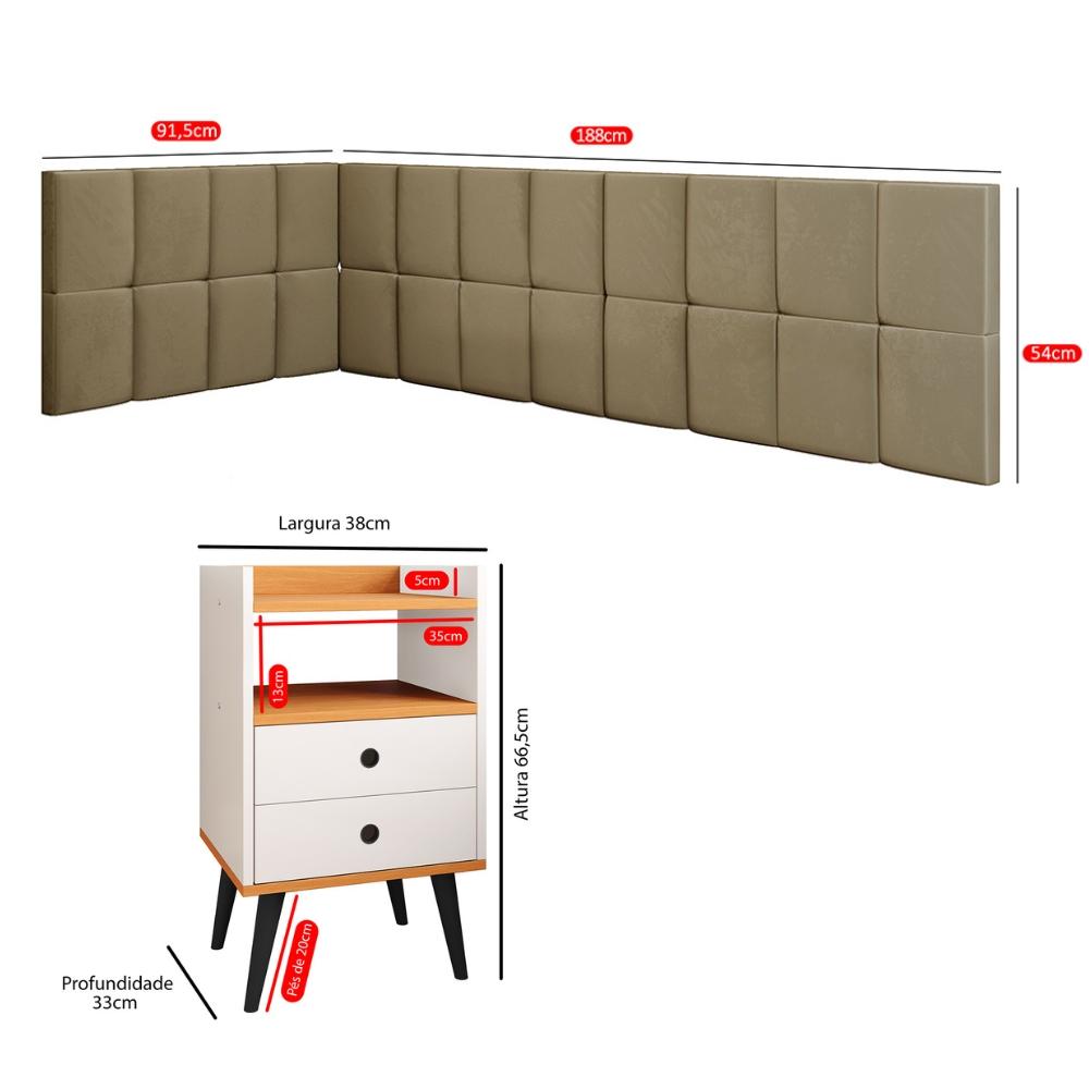 Kit Mesinha Dream Off White/Cinamomo Pés Retrô 2 Gavetas E Cabeceira Suspensa Lateral Aurora Bege Cama Box Solteiro - RPM Móveis 