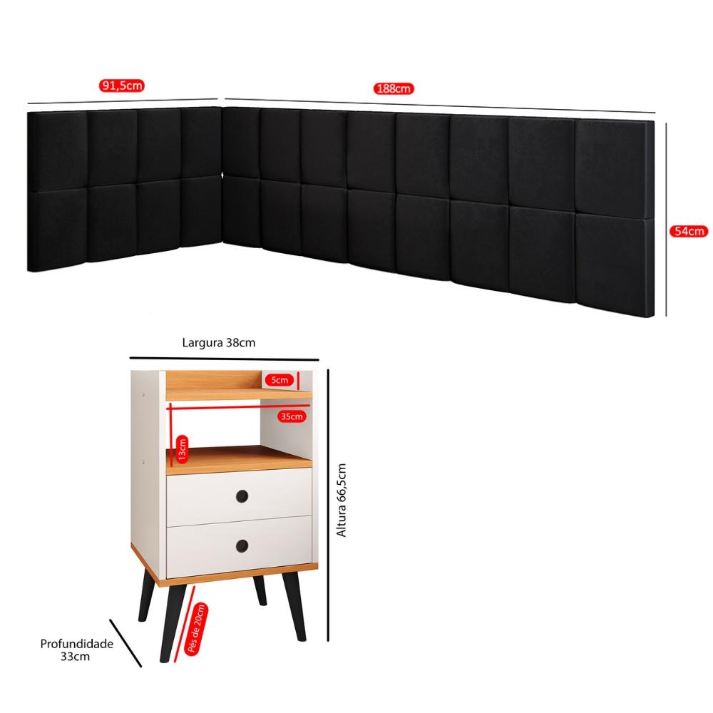 Kit Mesinha Dream Off White/Cinamomo Pés Retrô 2 Gavetas E Cabeceira Suspensa Lateral Aurora Preto Cama Box Solteiro - RPM Móveis 