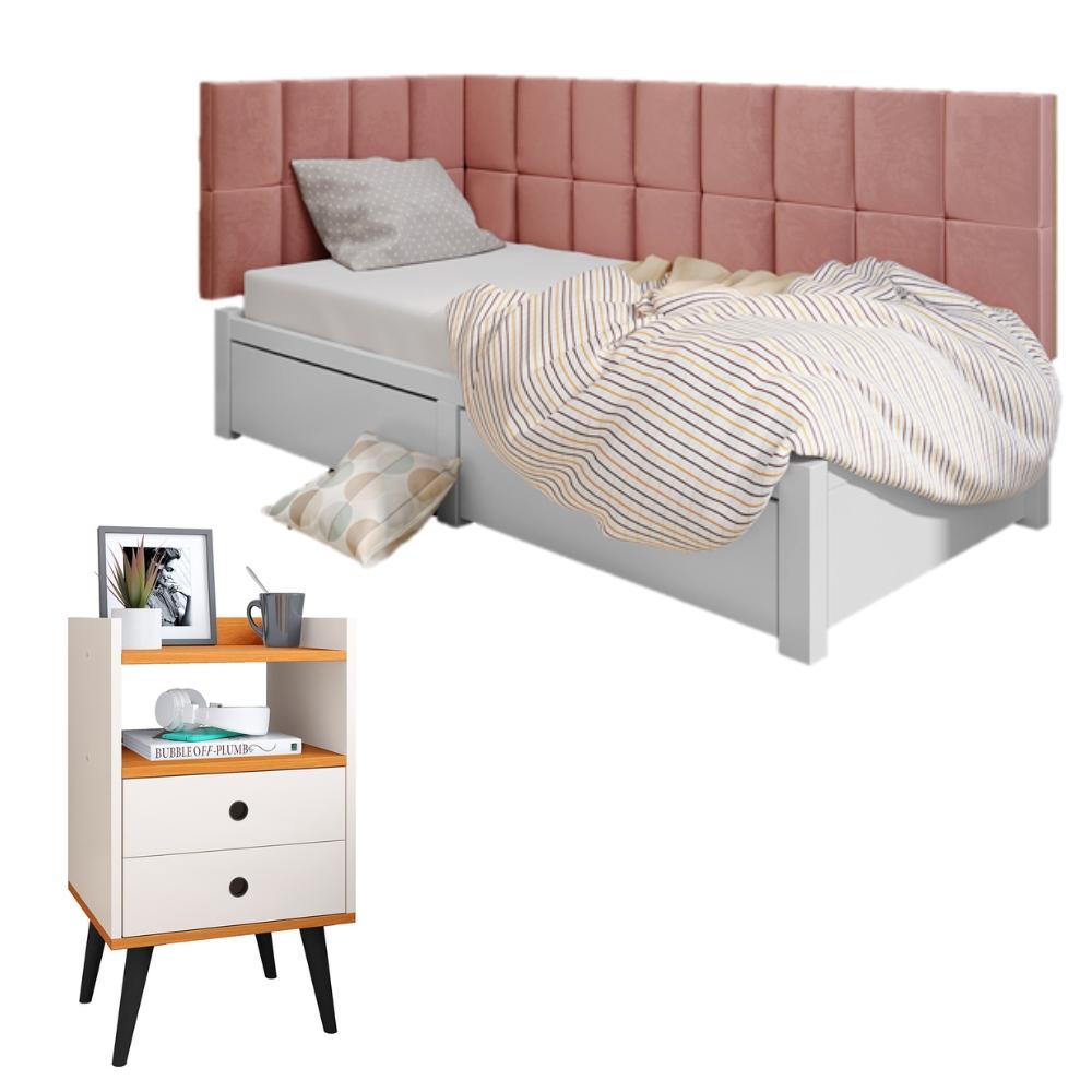 Kit Mesinha Dream Off White/Cinamomo Pés Retrô 2 Gavetas E Cabeceira Suspensa Lateral Aurora Rose Cama Box Solteiro - RPM Móveis 