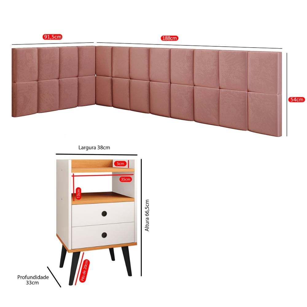 Kit Mesinha Dream Off White/Cinamomo Pés Retrô 2 Gavetas E Cabeceira Suspensa Lateral Aurora Rose Cama Box Solteiro - RPM Móveis 
