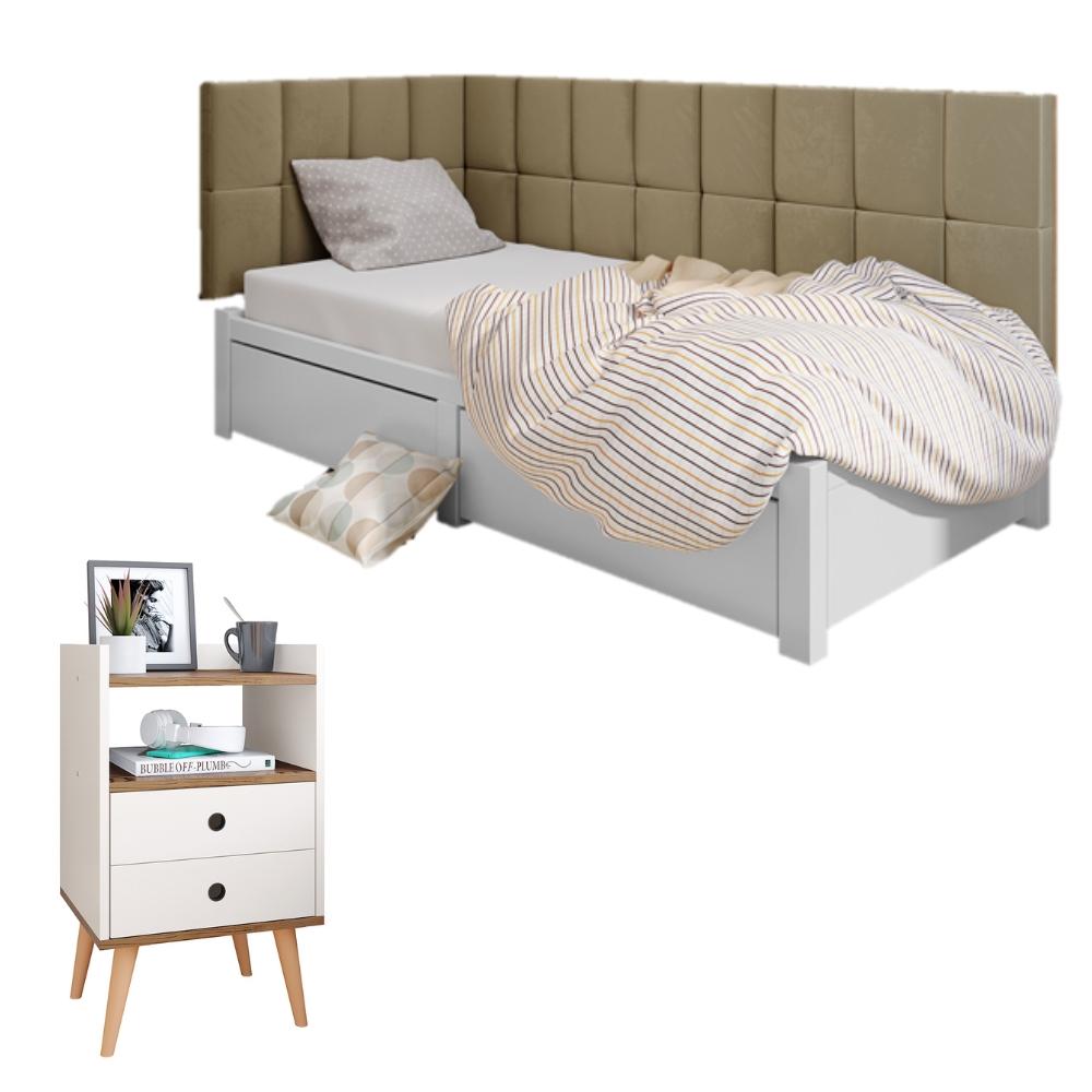 Kit Mesinha Dream Off White/Freijó Pés Retrô 2 Gavetas E Cabeceira Suspensa Lateral Aurora Bege Cama Box Solteiro - RPM Móveis 