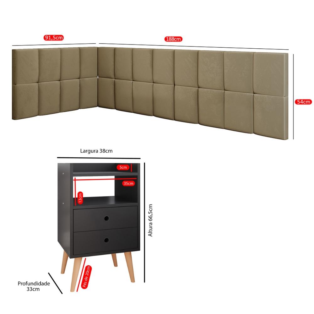 Kit Mesinha Dream Preto Pés Retrô 2 Gavetas E Cabeceira Suspensa Lateral Aurora Bege Cama Box Solteiro - RPM Móveis 