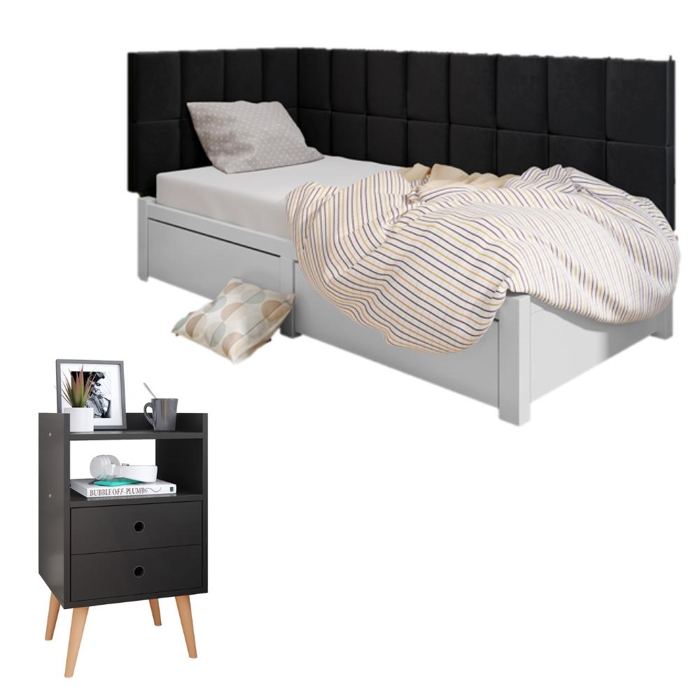 Kit Mesinha Dream Preto Pés Retrô 2 Gavetas E Cabeceira Suspensa Lateral Aurora Preto Cama Box Solteiro - RPM Móveis 
