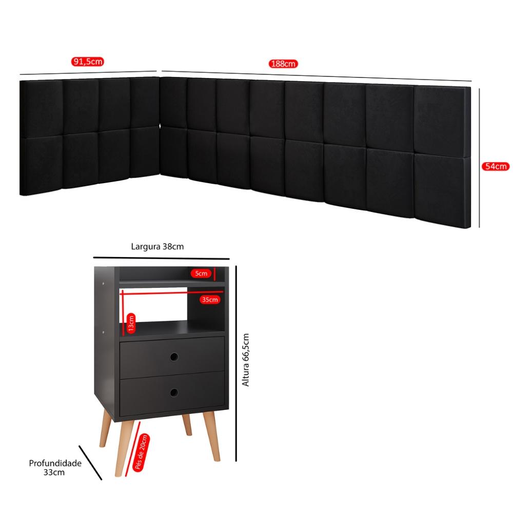 Kit Mesinha Dream Preto Pés Retrô 2 Gavetas E Cabeceira Suspensa Lateral Aurora Preto Cama Box Solteiro - RPM Móveis 