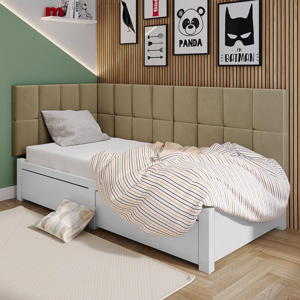 Kit Mesinha Dream Preto/Cinamomo Pés Retrô 2 Gavetas E Cabeceira Suspensa Lateral Aurora Bege Cama Box Solteiro - RPM Móveis 