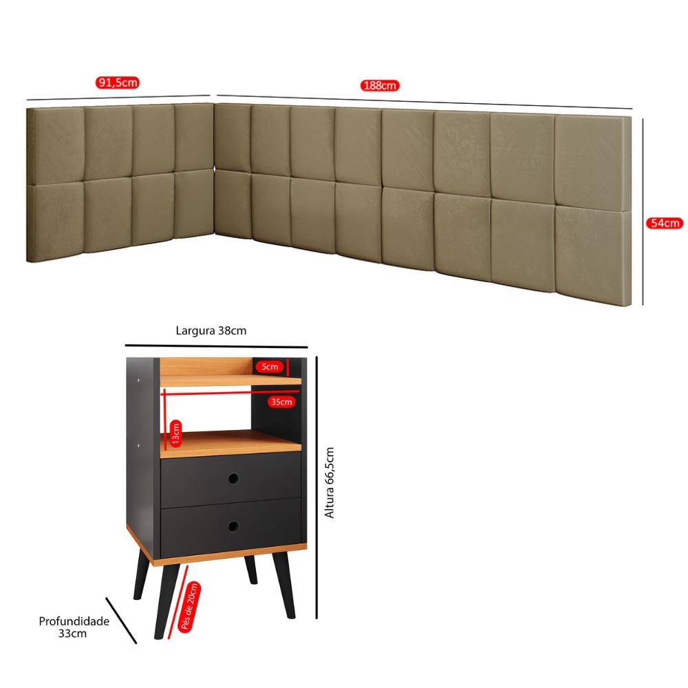 Kit Mesinha Dream Preto/Cinamomo Pés Retrô 2 Gavetas E Cabeceira Suspensa Lateral Aurora Bege Cama Box Solteiro - RPM Móveis 