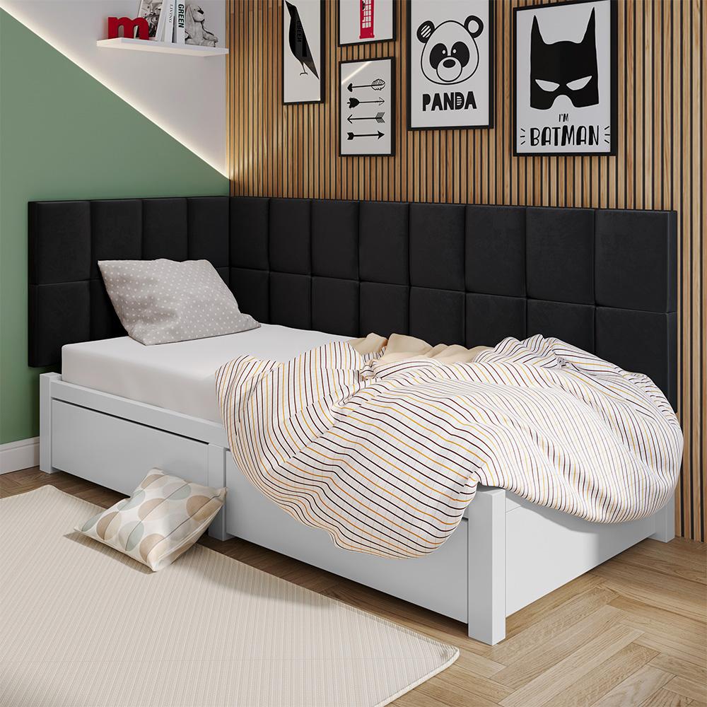 Kit Mesinha Dream Preto/Cinamomo Pés Retrô 2 Gavetas E Cabeceira Suspensa Lateral Aurora Preto Cama Box Solteiro - RPM Móveis 