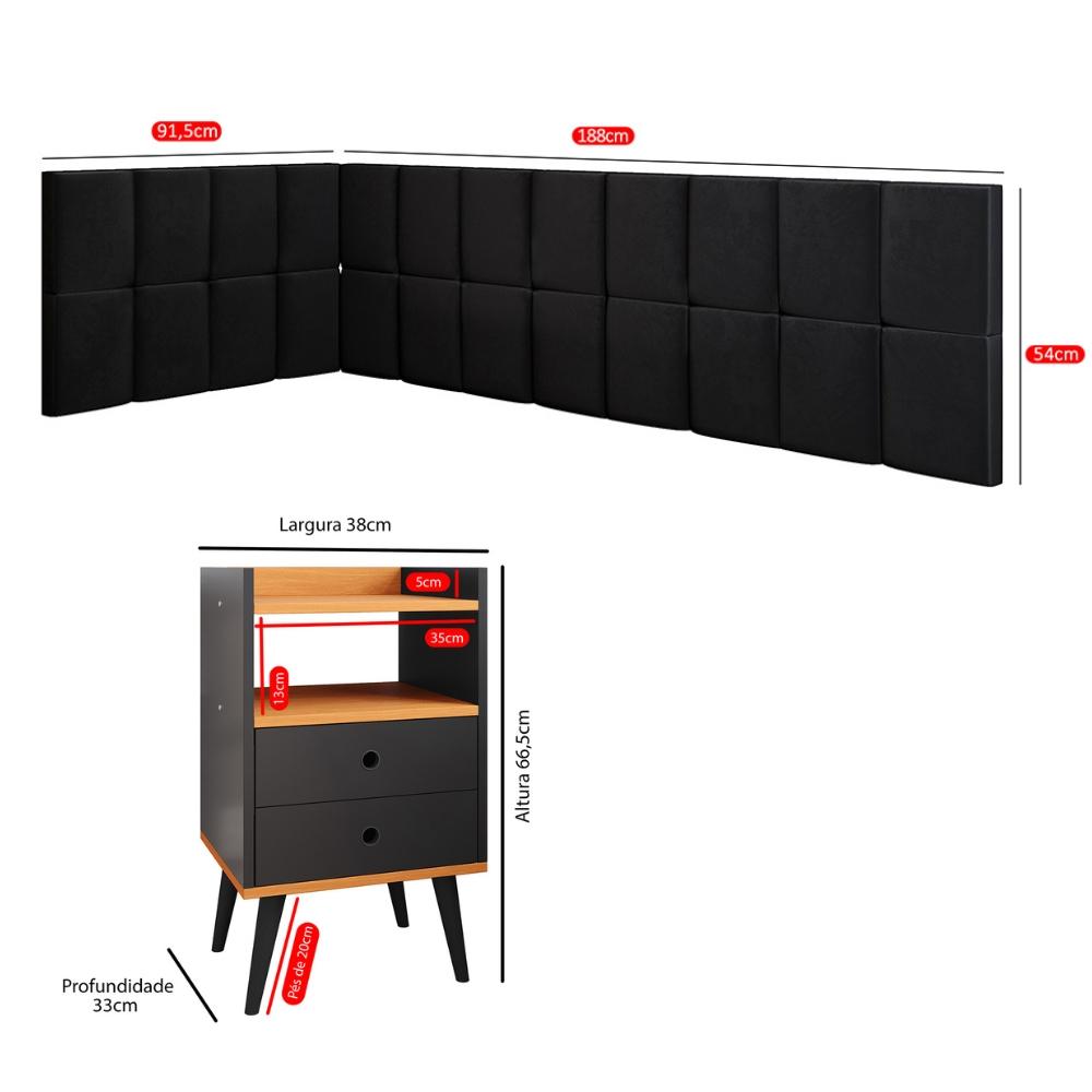 Kit Mesinha Dream Preto/Cinamomo Pés Retrô 2 Gavetas E Cabeceira Suspensa Lateral Aurora Preto Cama Box Solteiro - RPM Móveis 