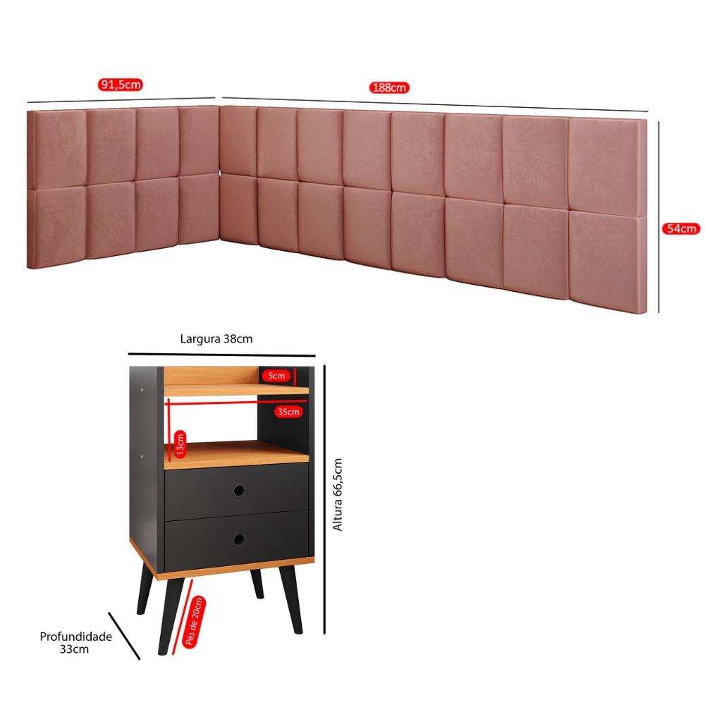 Kit Mesinha Dream Preto/Cinamomo Pés Retrô 2 Gavetas E Cabeceira Suspensa Lateral Aurora Rose Cama Box Solteiro - RPM Móveis 