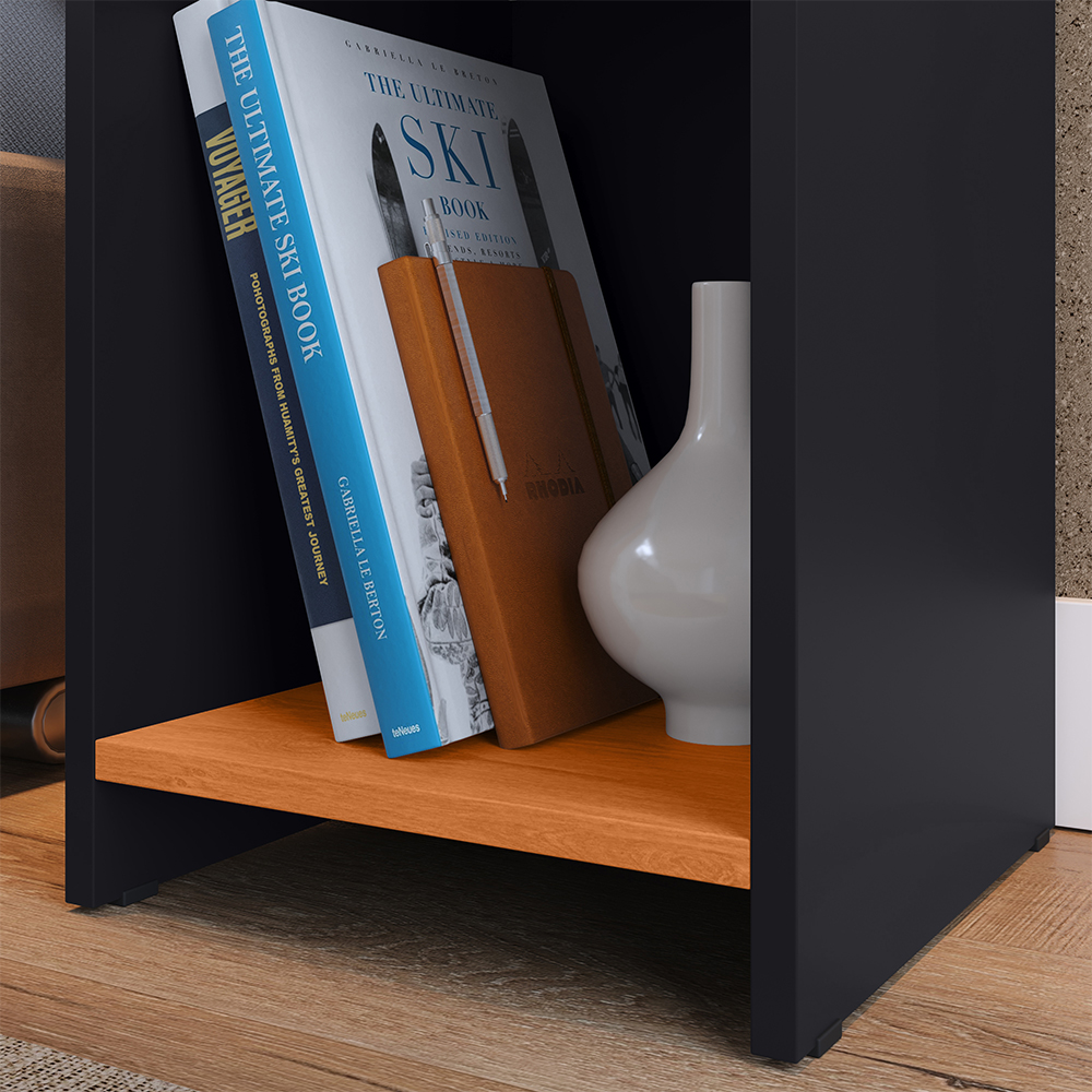 Kit Quarto 2 Mesinhas Lateral Fantasy Preto/Cinamomo Prateleira Nicho Cabeceira Luana Suspensa Cama Box Casal 1,40 Suede - Lojas RPM