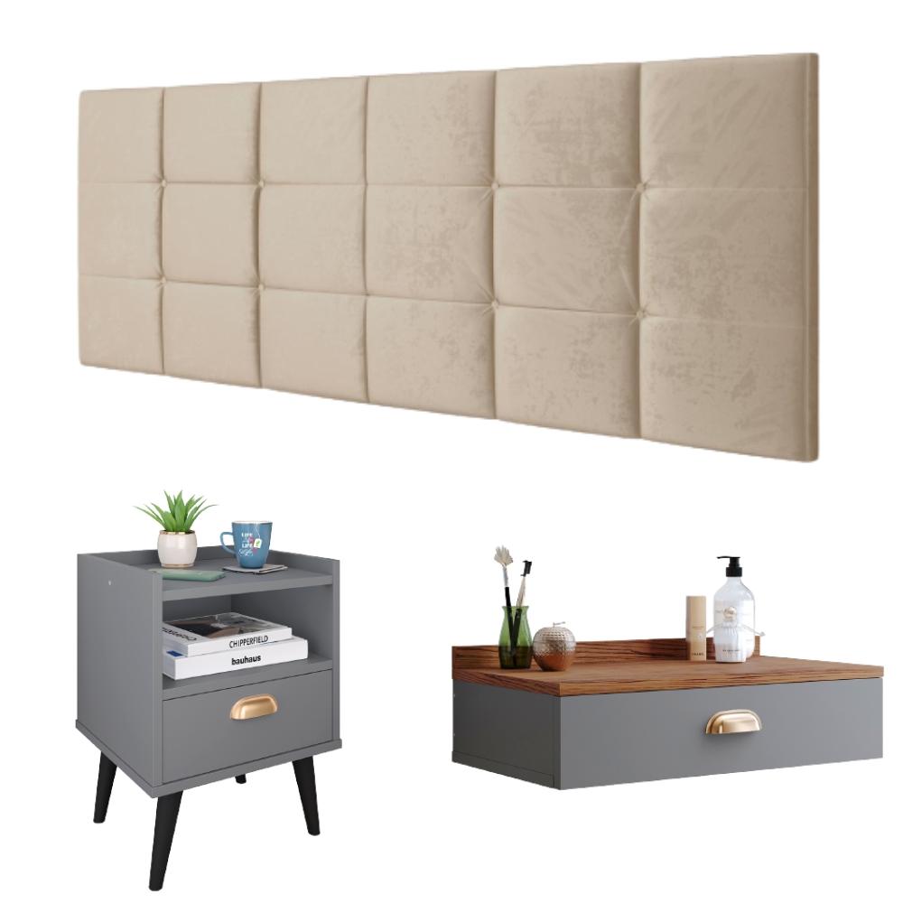 Kit Quarto Casal Penteadeira Suspensa Gloss Cinza-Freijó Mesinha Lateral Estilo Cinza Cabeceira Cama Box Queen Bia 1.60 Areia Suede - RPM Móveis